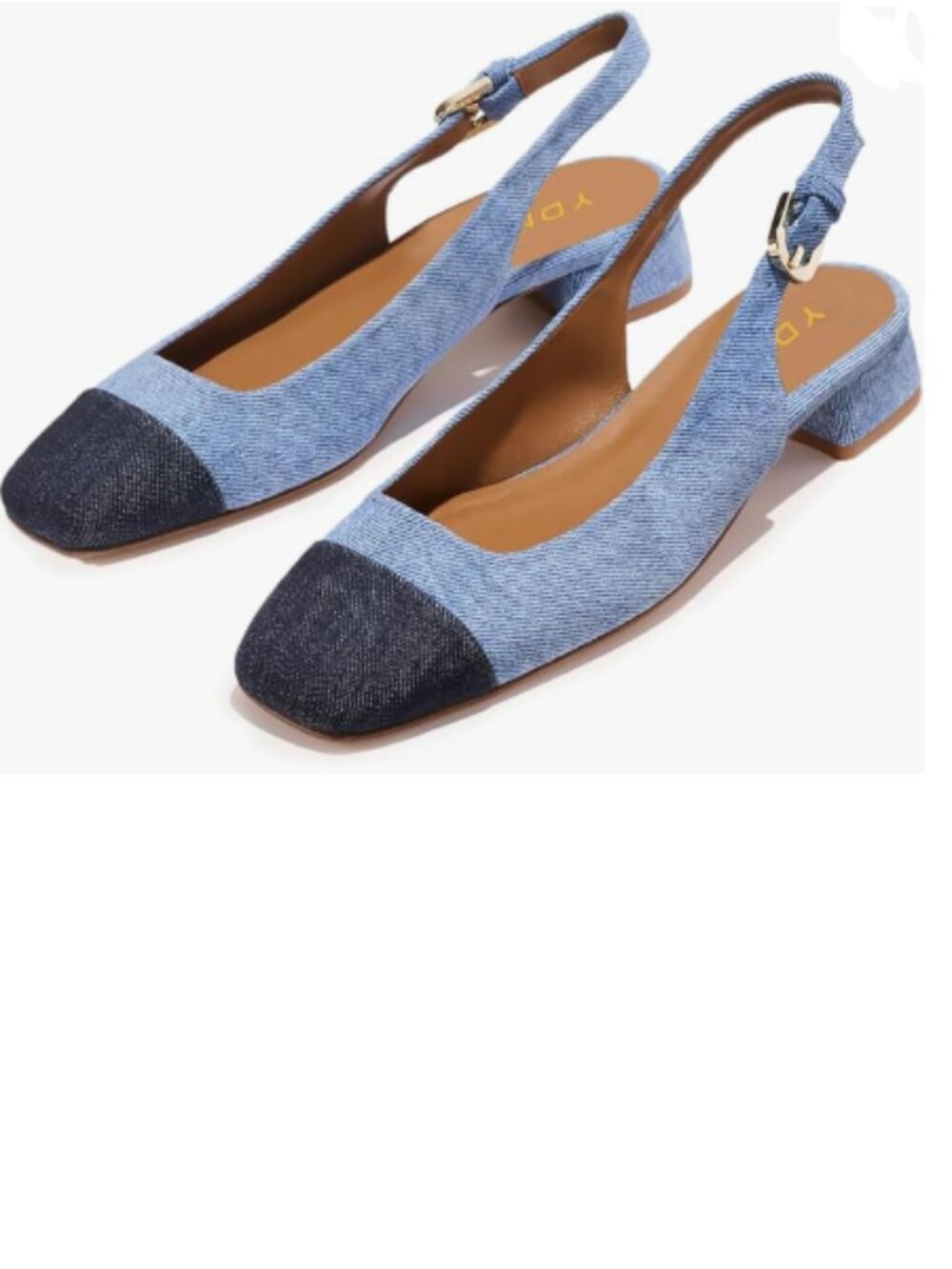 YDN Denim Blue Square Toe Strap Buckle Slingback Two Toned Low Thick Heels Pumps